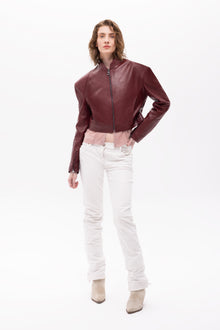 Mythe Bird Embossed Leather Bomber Jacket