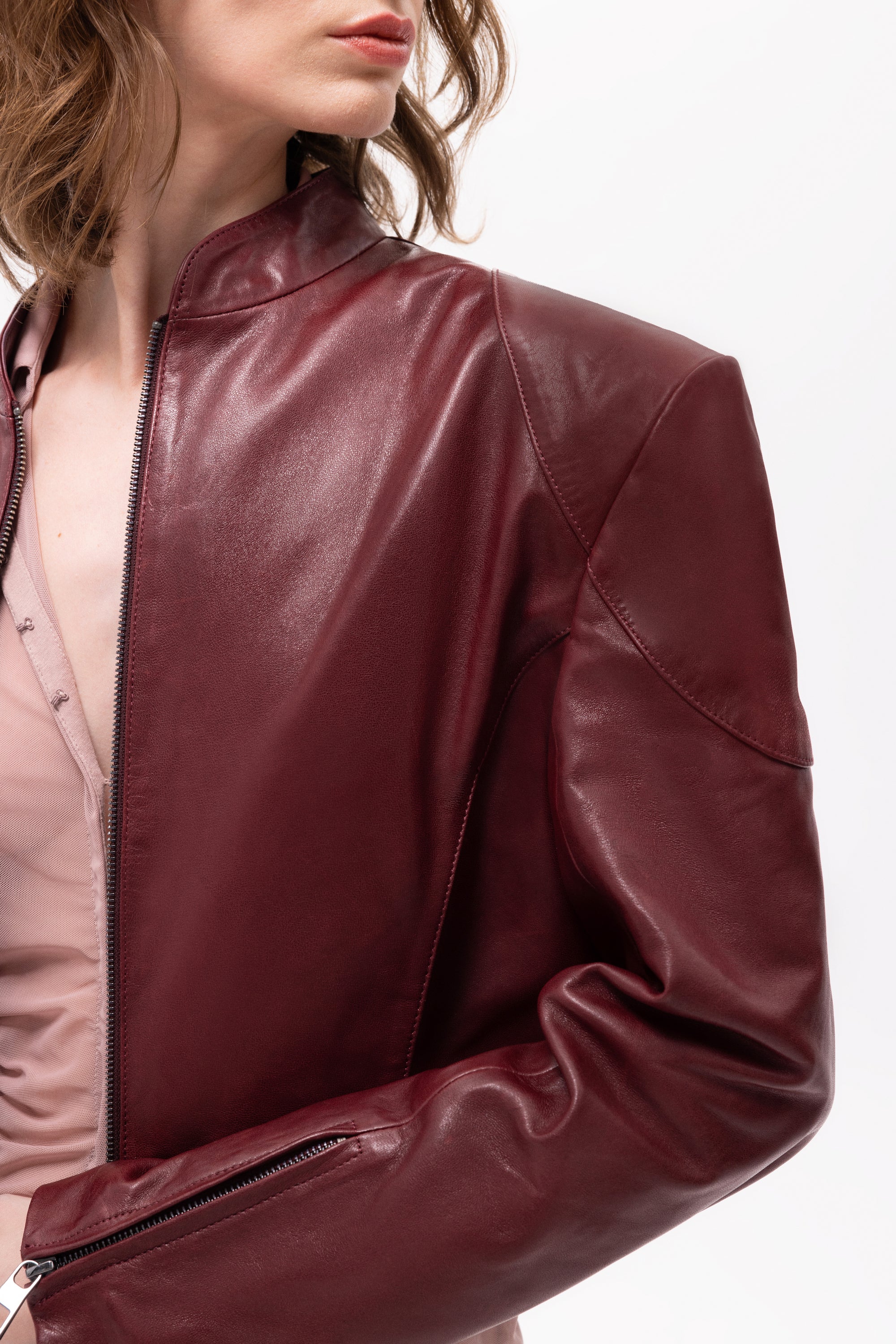 Mythe Bird Embossed Leather Bomber Jacket