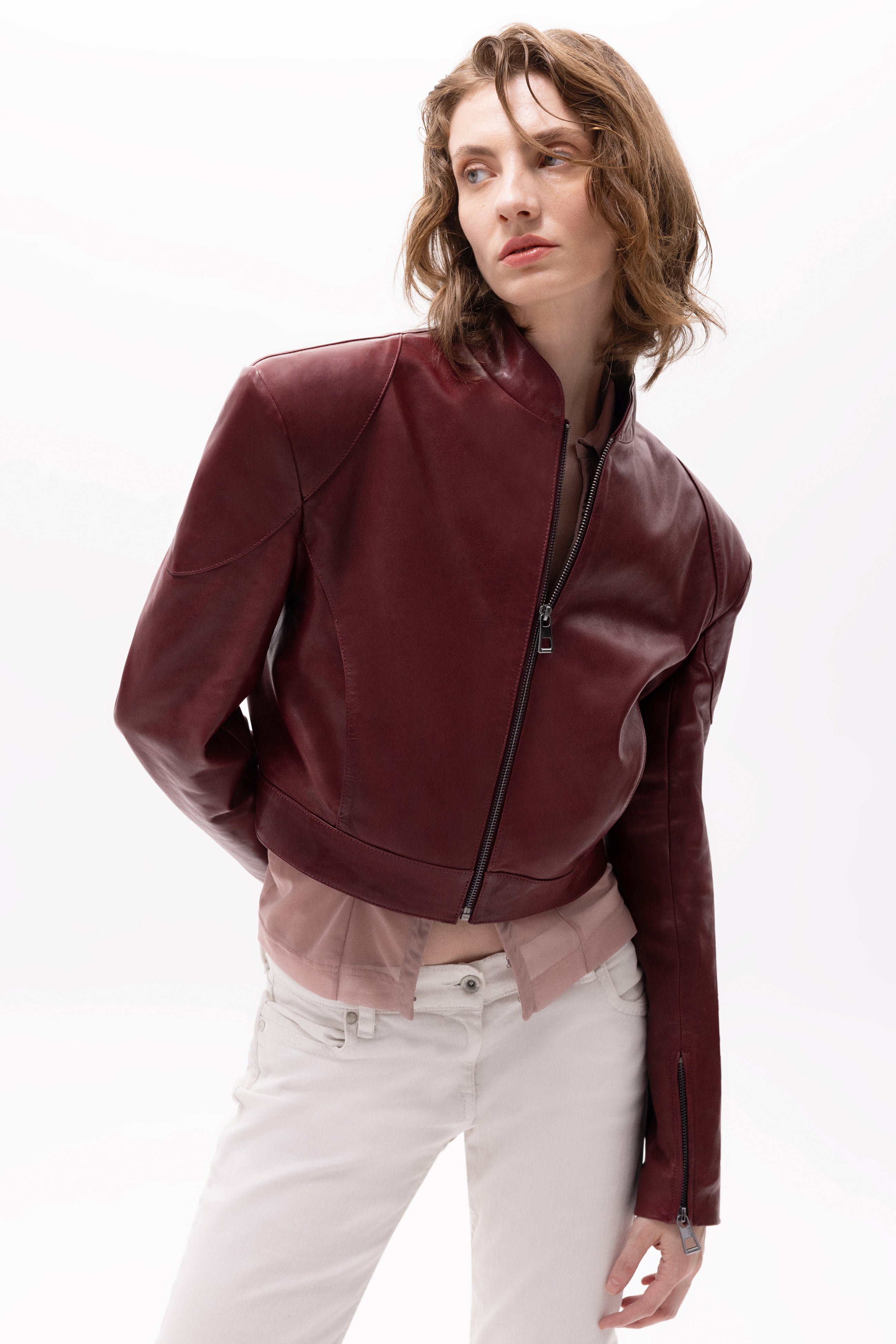 Mythe Bird Embossed Leather Bomber Jacket