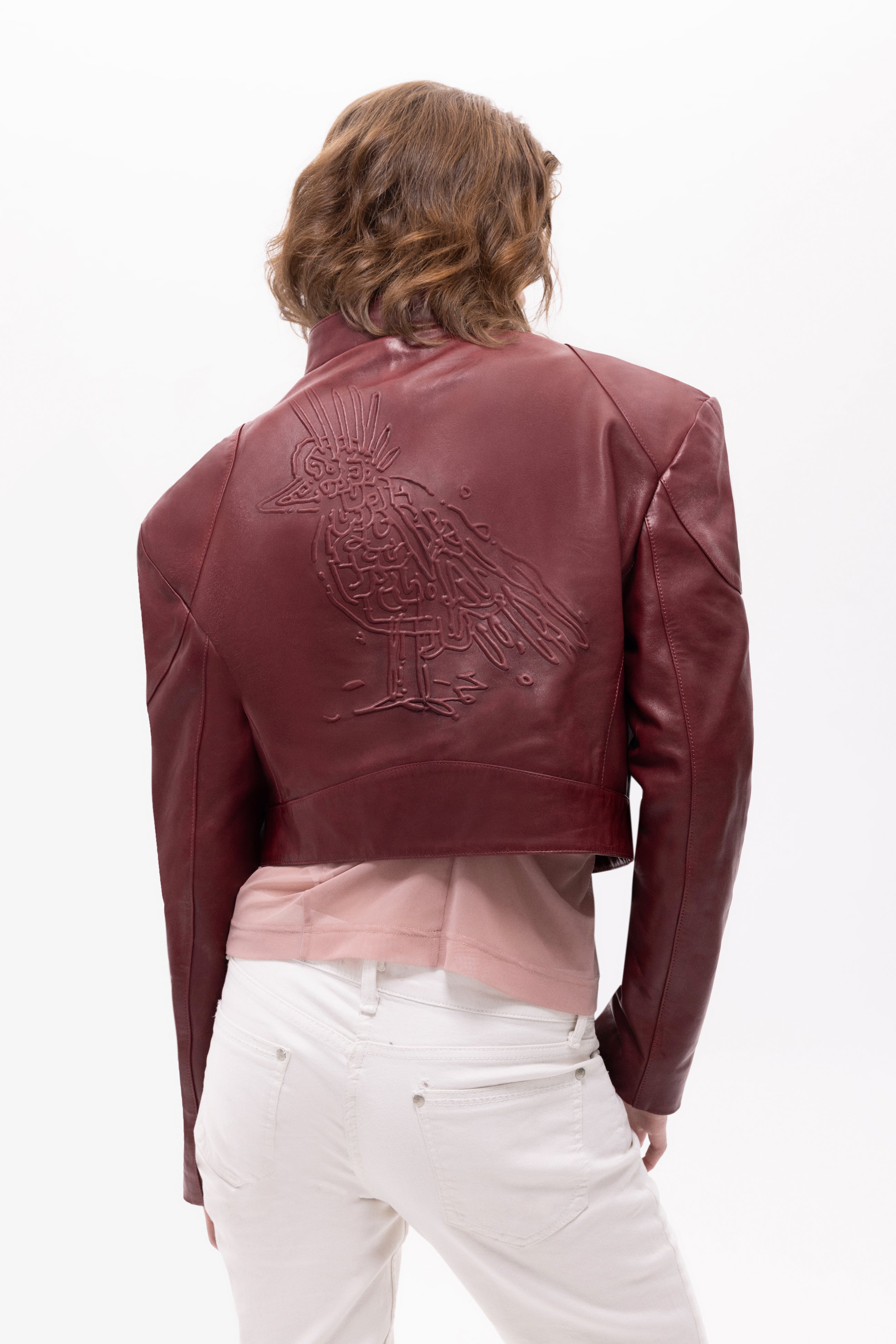 Mythe Bird Embossed Leather Bomber Jacket