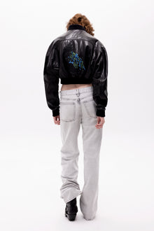 Pyrha Bird Embroidered Leather Bomber Jacket