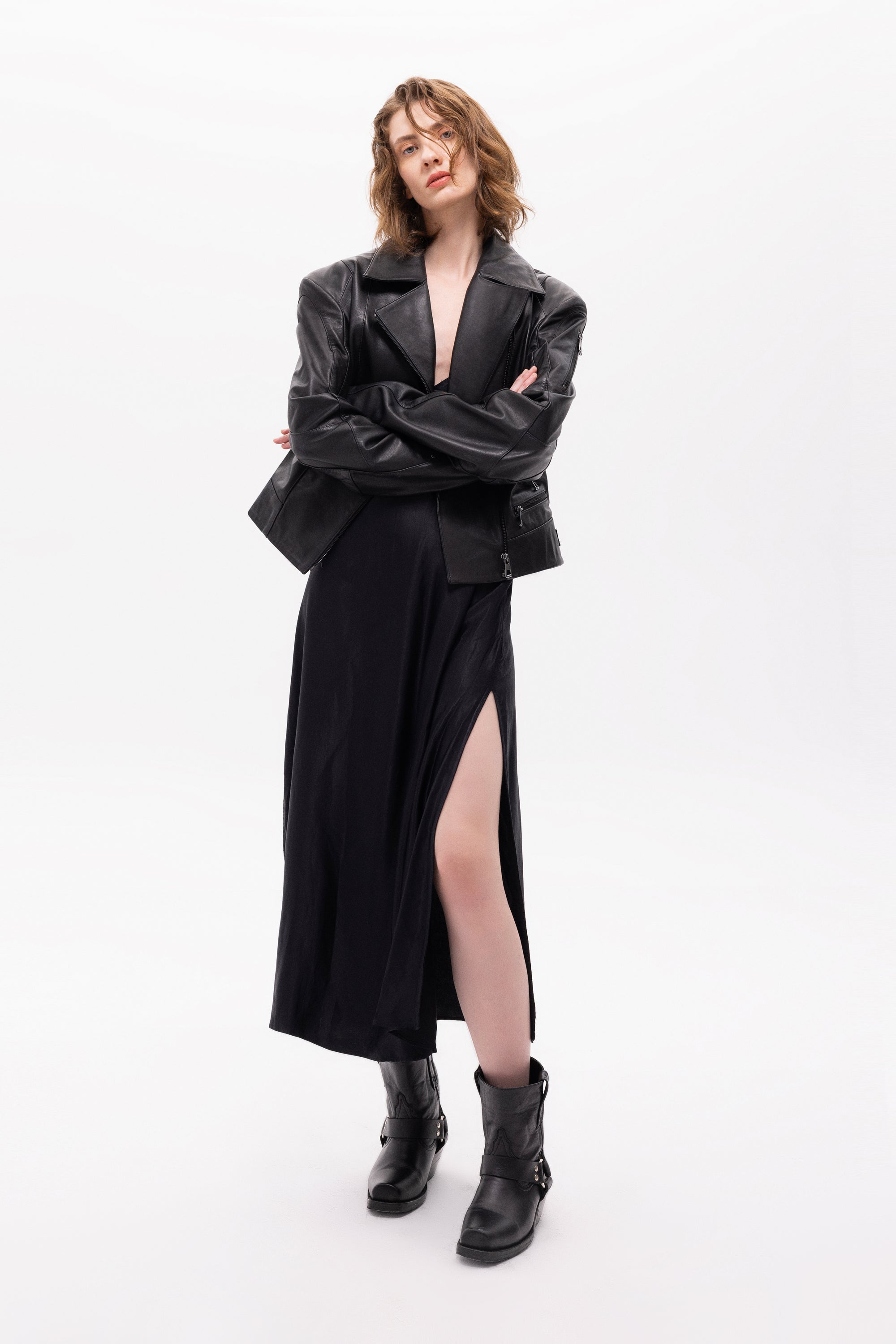 Medea Bird Embossed Leather Biker Jacket