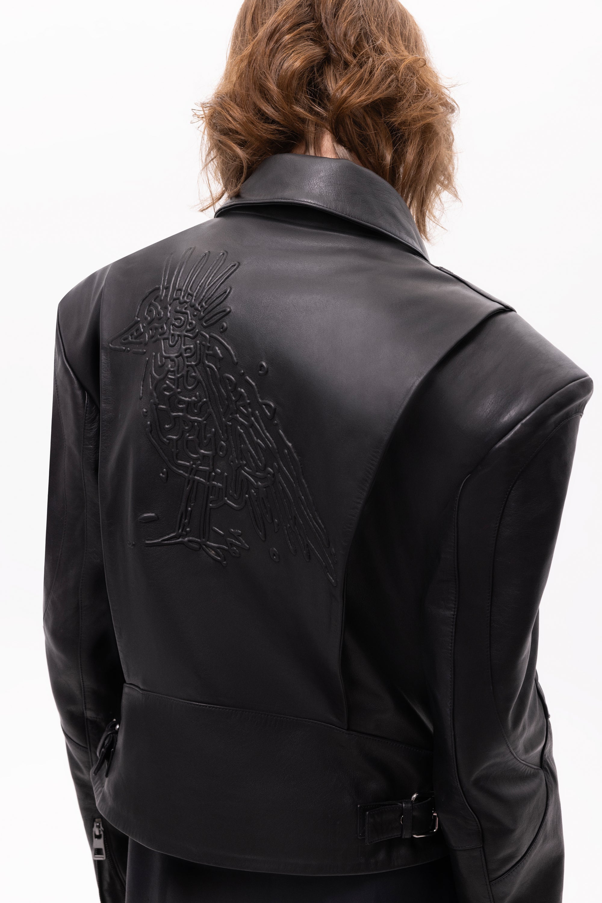 Medea Bird Embossed Leather Biker Jacket